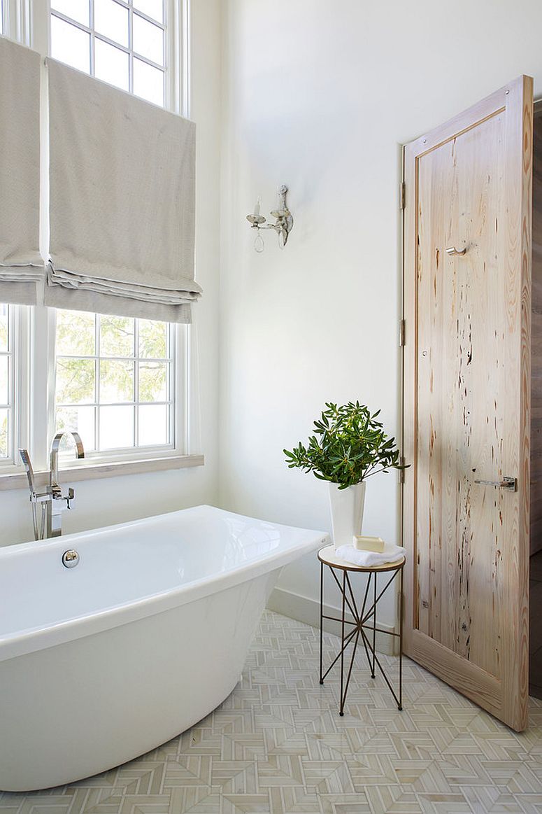 Wooden bathroom door for the beach style bathroom in white