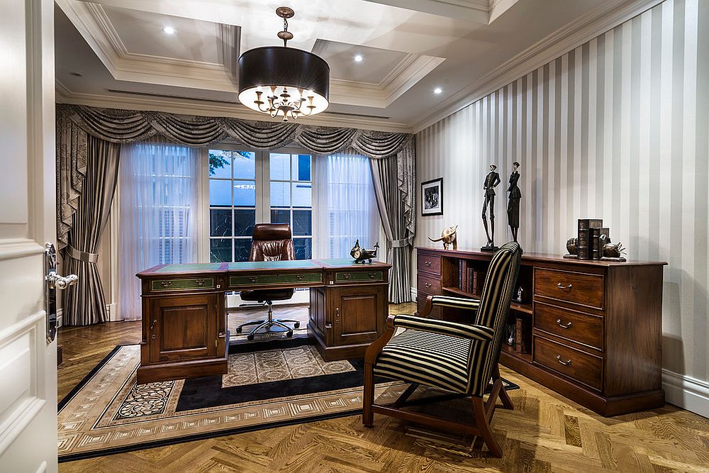 A more traditional approach to decorating with drapes in the home office