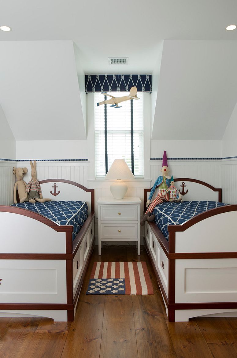 A touch of blue coupled with wood and white in the kids&#039; bedroom