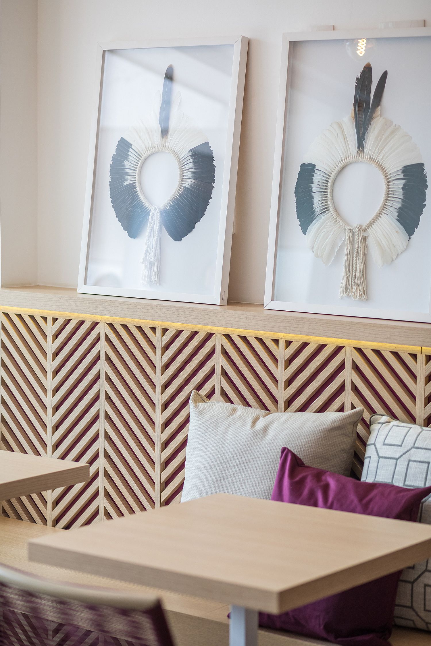 Art work adds fun pattern to the diner without altering the color scheme