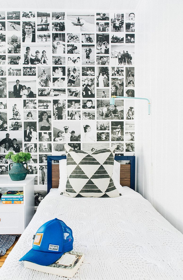 Beach style kids' bedroom with wall that features photo collage