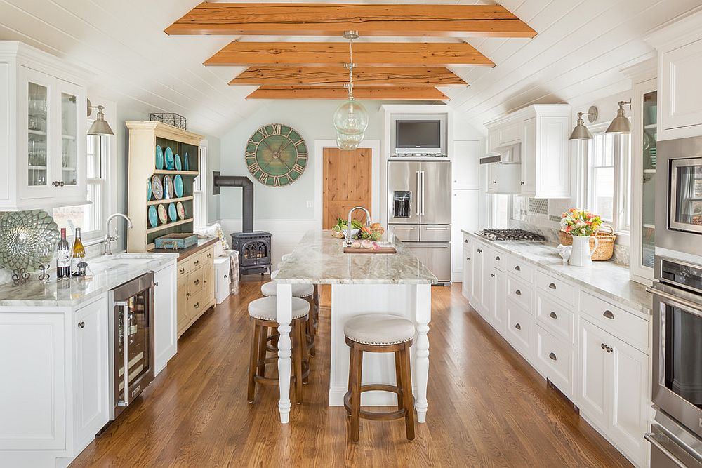 Ceiling and floor bring woodsy element into this kitchen