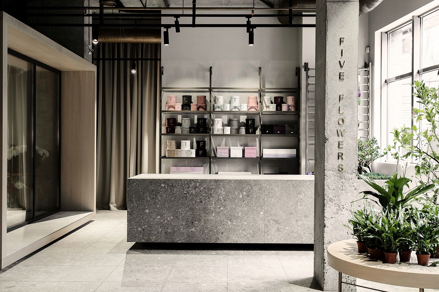 Contemporary store in Dnipropetrovsk, Ukrain combines the beauty of flowers with rugged industrial charm
