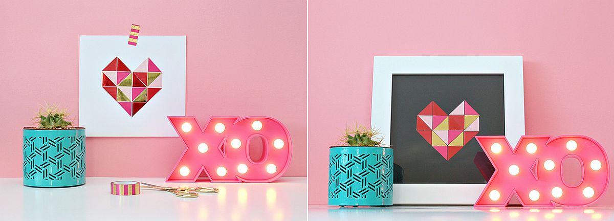Geometric paper art coupled with XO lighting for the romantic Valentine's Day bedroom