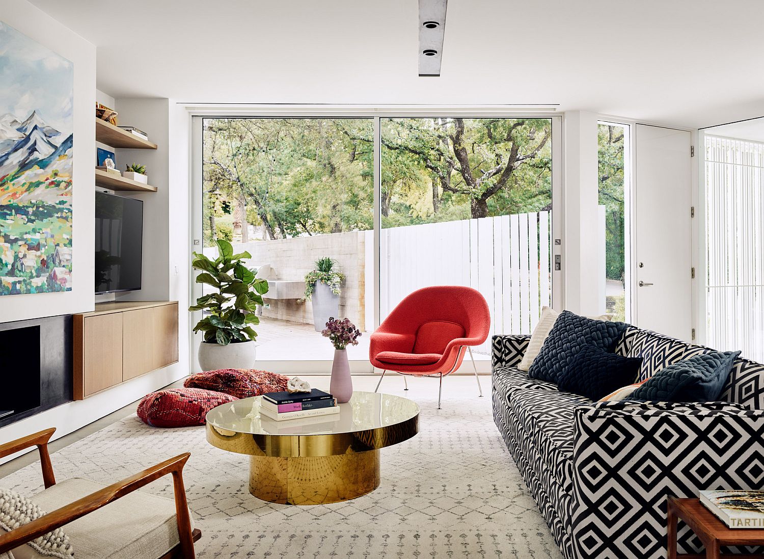 Gorgeous living space with golden coffee table at its heart