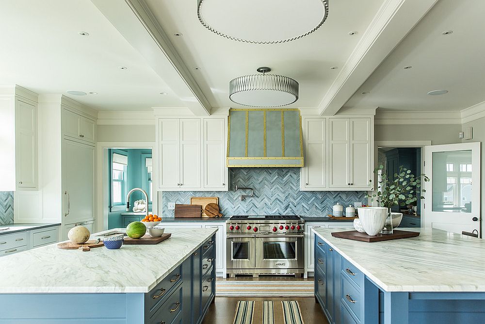 Light-blue-chevron-pattern-backsplash-for-the-beach-style-kitchen-with-twin-islands