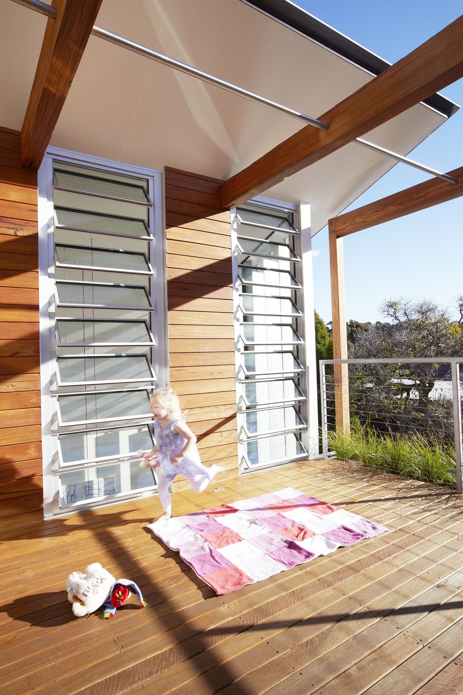 Moving roof offers shade to those on the deck when needed