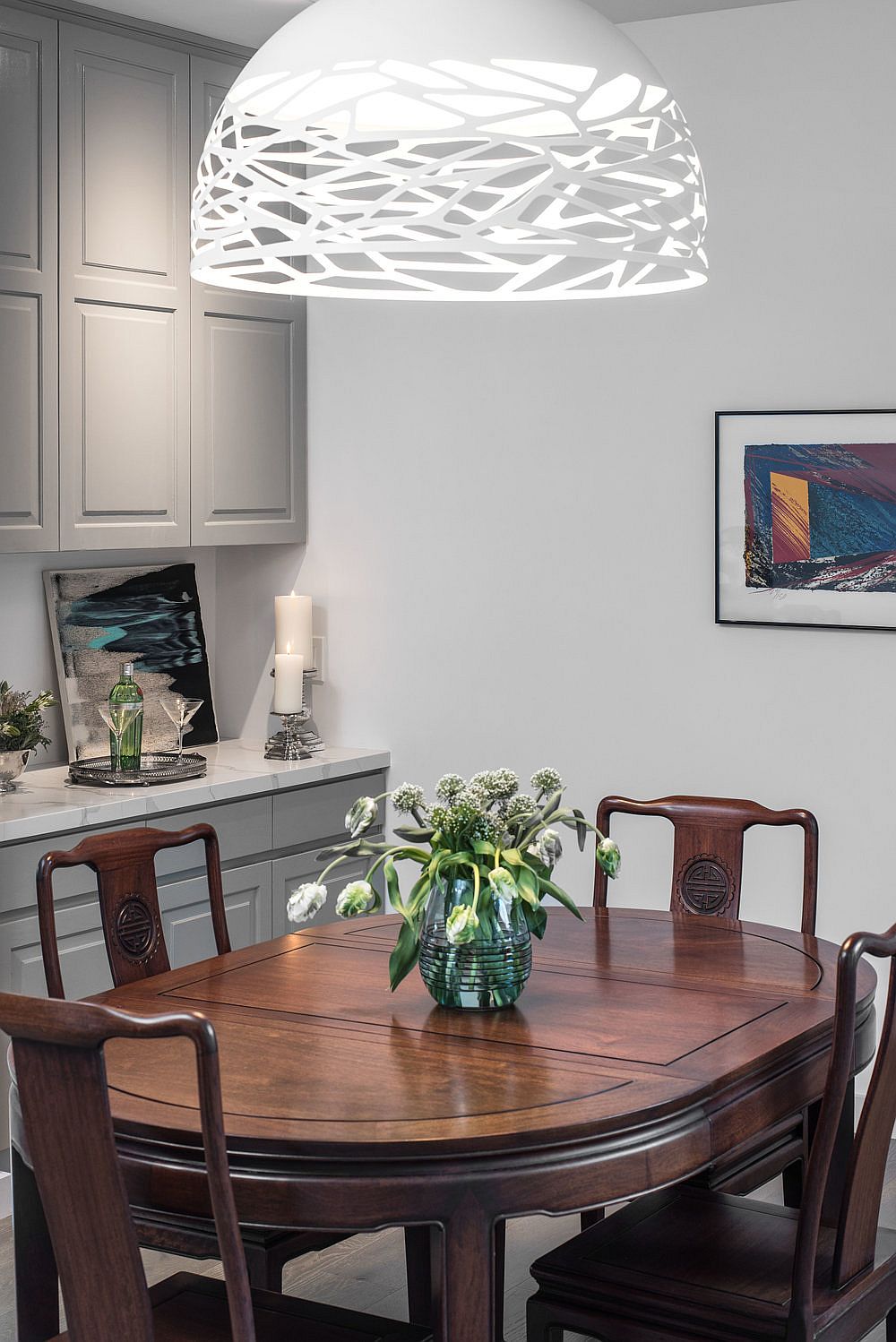 Pendant offers perfect lighting for the small dining area