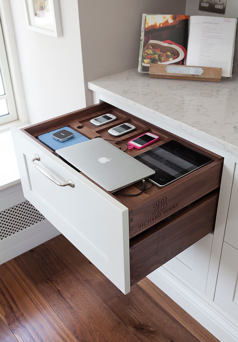 Spacious charging station in the kitchen can power up everything from your laptop to iPad