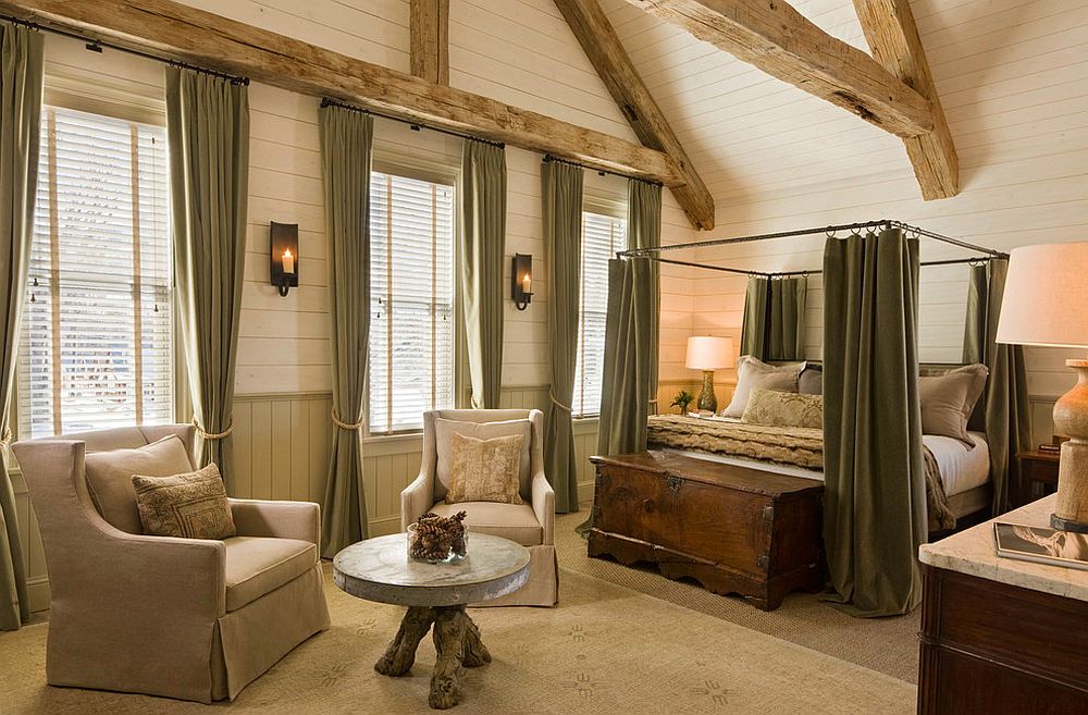 Spacious-rustic-bedroom-with-dark-green-curtains