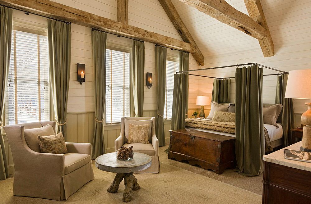 Spacious rustic bedroom with dark green curtains