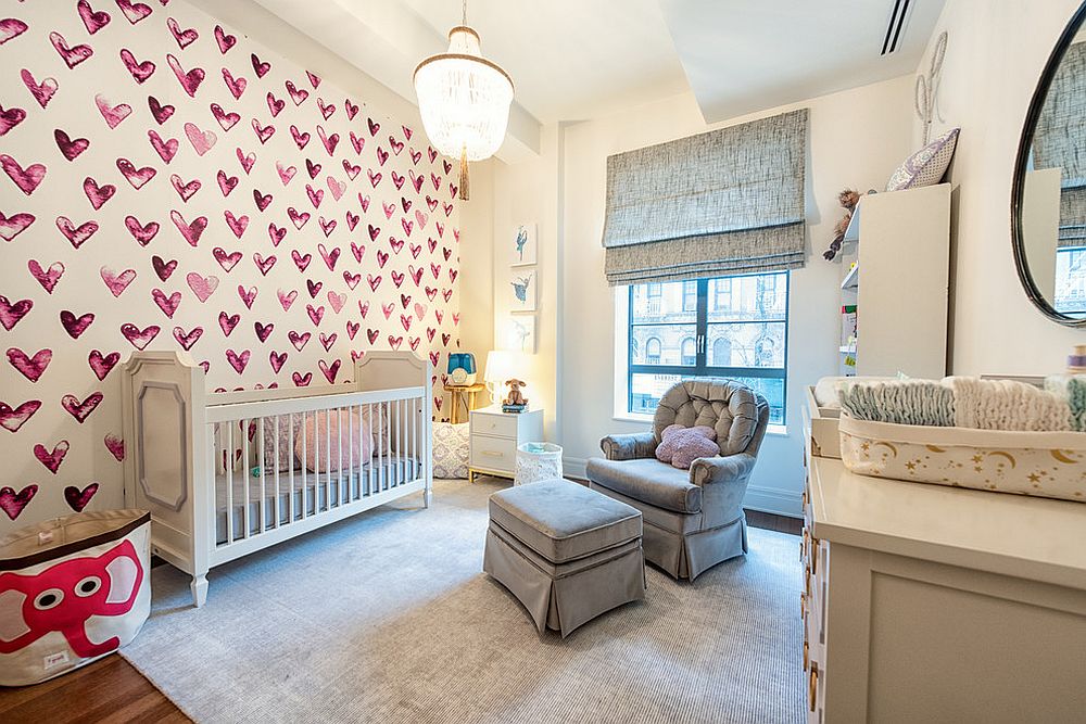 Accent wall with heart motifs is fun and perfect for the girls' room