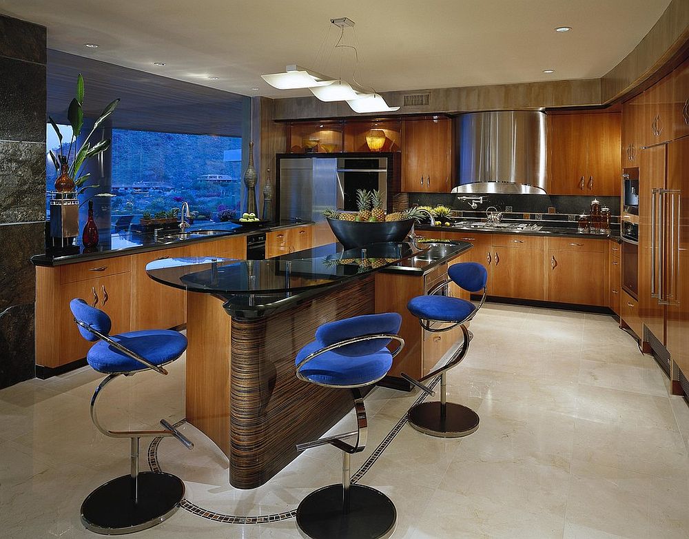 Black and wood kitchen with beautiful blue bar stools