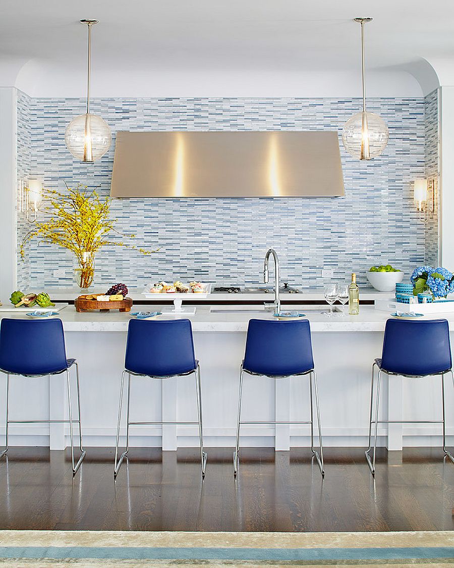 Blue and white kitchen with gorgeous blue bar stools