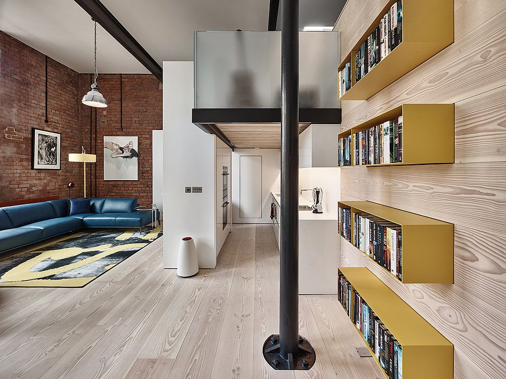 Brick and wood interior of the apartment with a small mezzanine level