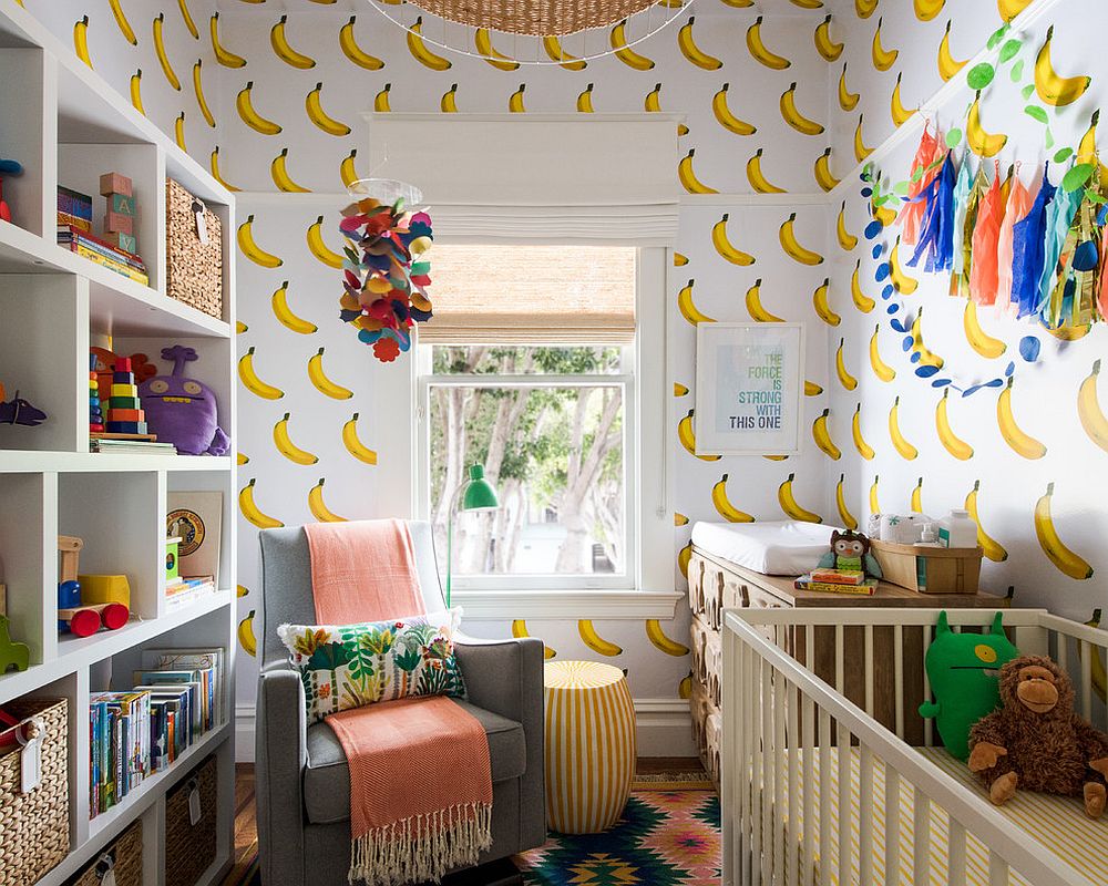 Contemporary nursery wallpaper with banana motifs all around!