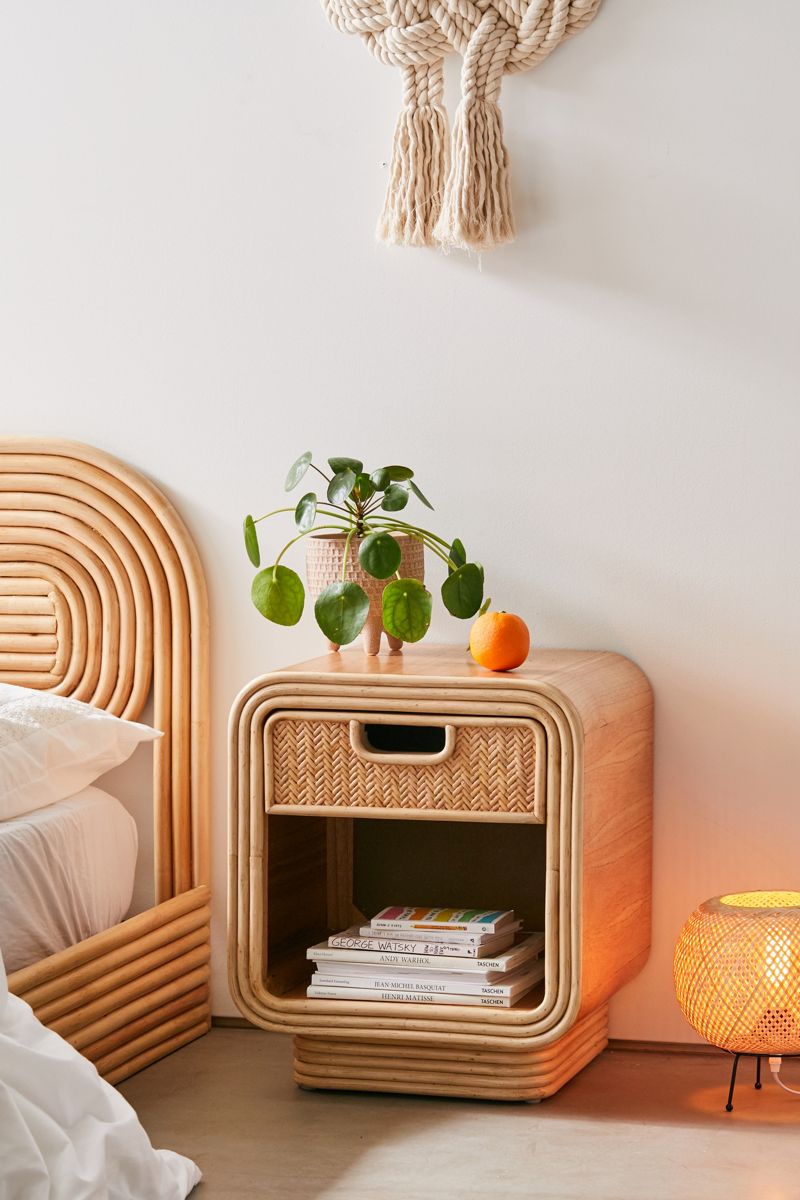 Curved rattan nightstand