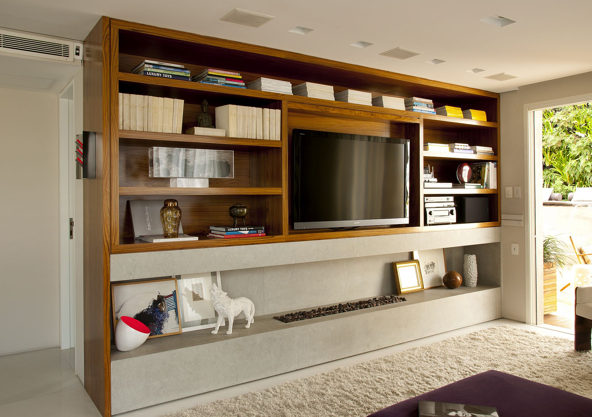 Custom living room wooden TV unit and shelf space