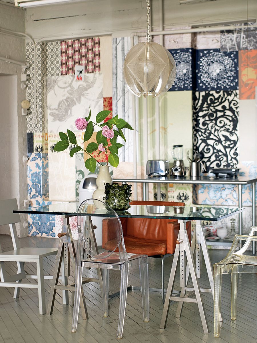 Eclectic-dining-room-with-a-patchwork-wallpaper-backdrop