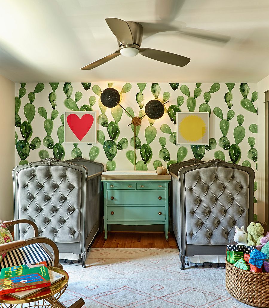 Eclectic-nursery-with-a-wallpaper-that-features-fun-cactus-pattern