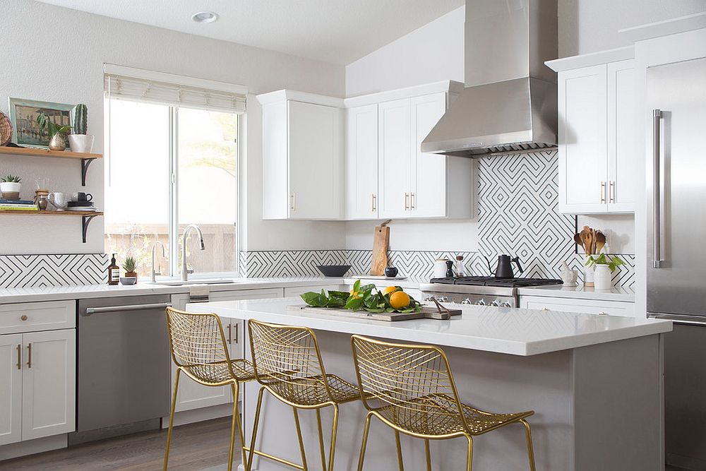 Metallic-seating-options-at-the-kitchen-counter-add-gold-to-a-space-in-white-and-gray