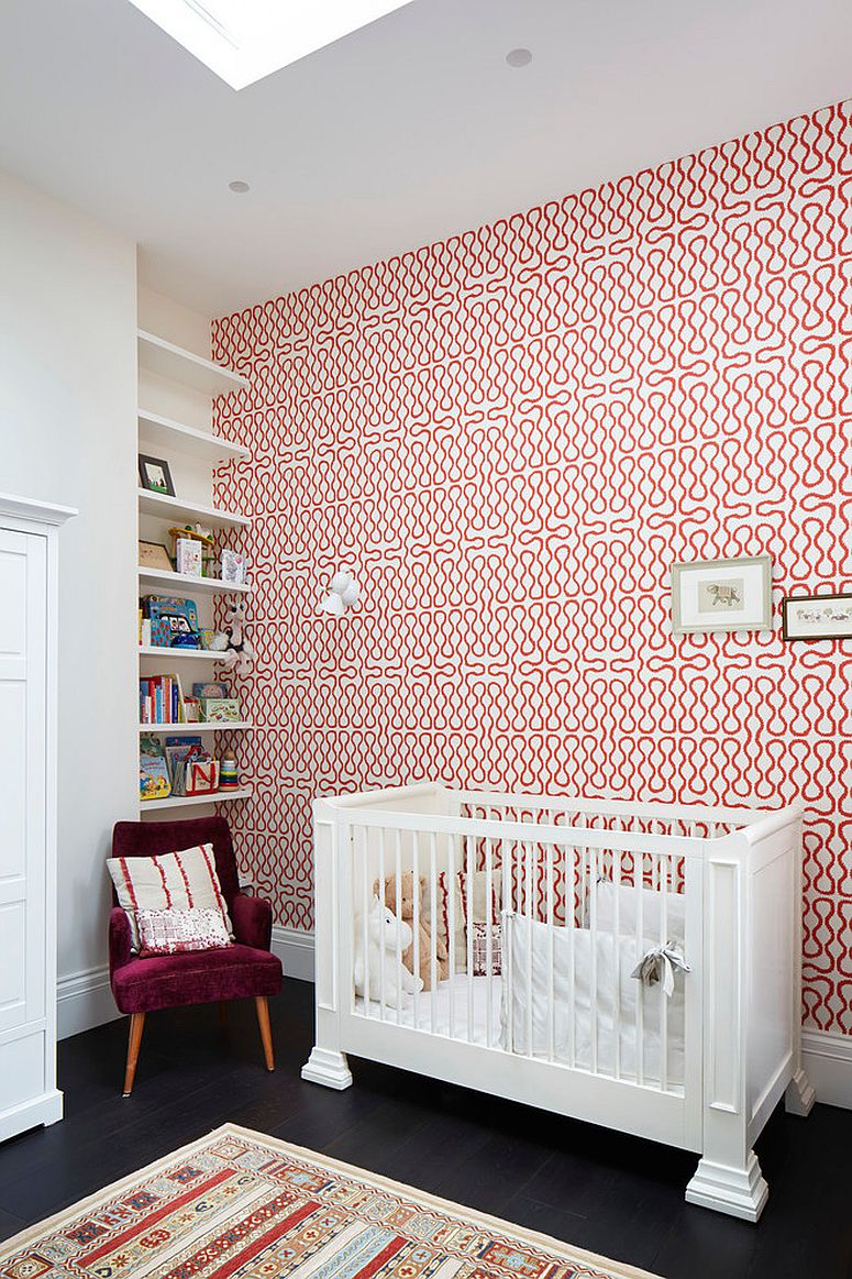 Red and white wallpaper brings pattern to the nursery in white