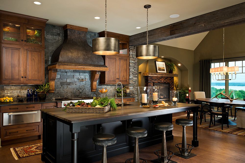 Slim bar stools occupy minimal space around the kitchen island