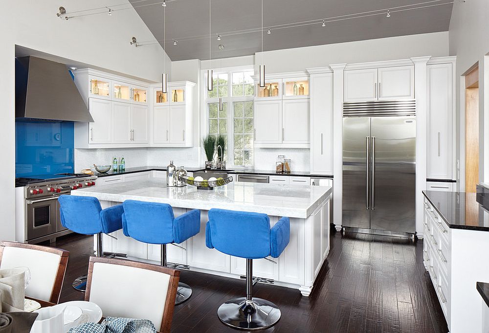 Transitional-kitchen-in-white-with-comfy-bar-stools-in-blue