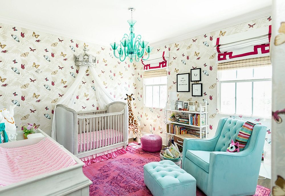 Transitional nursery with butterfly pattern for the wallpaper