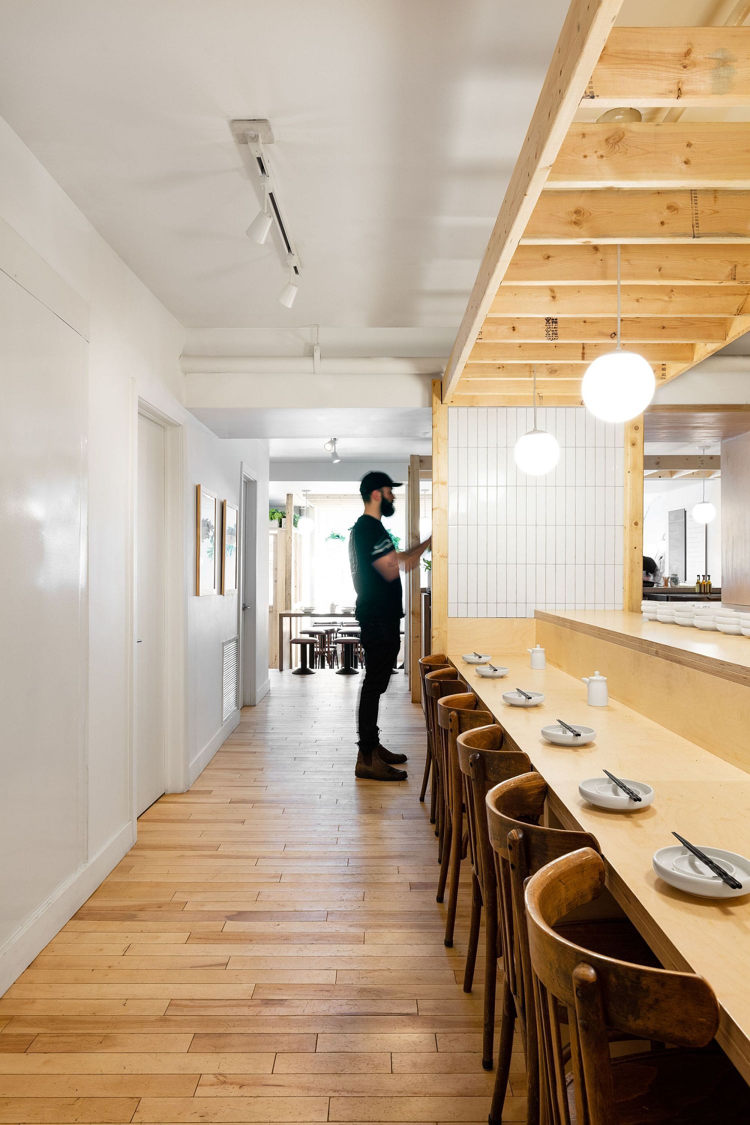 Wood adds warmth to the interior of the cafe