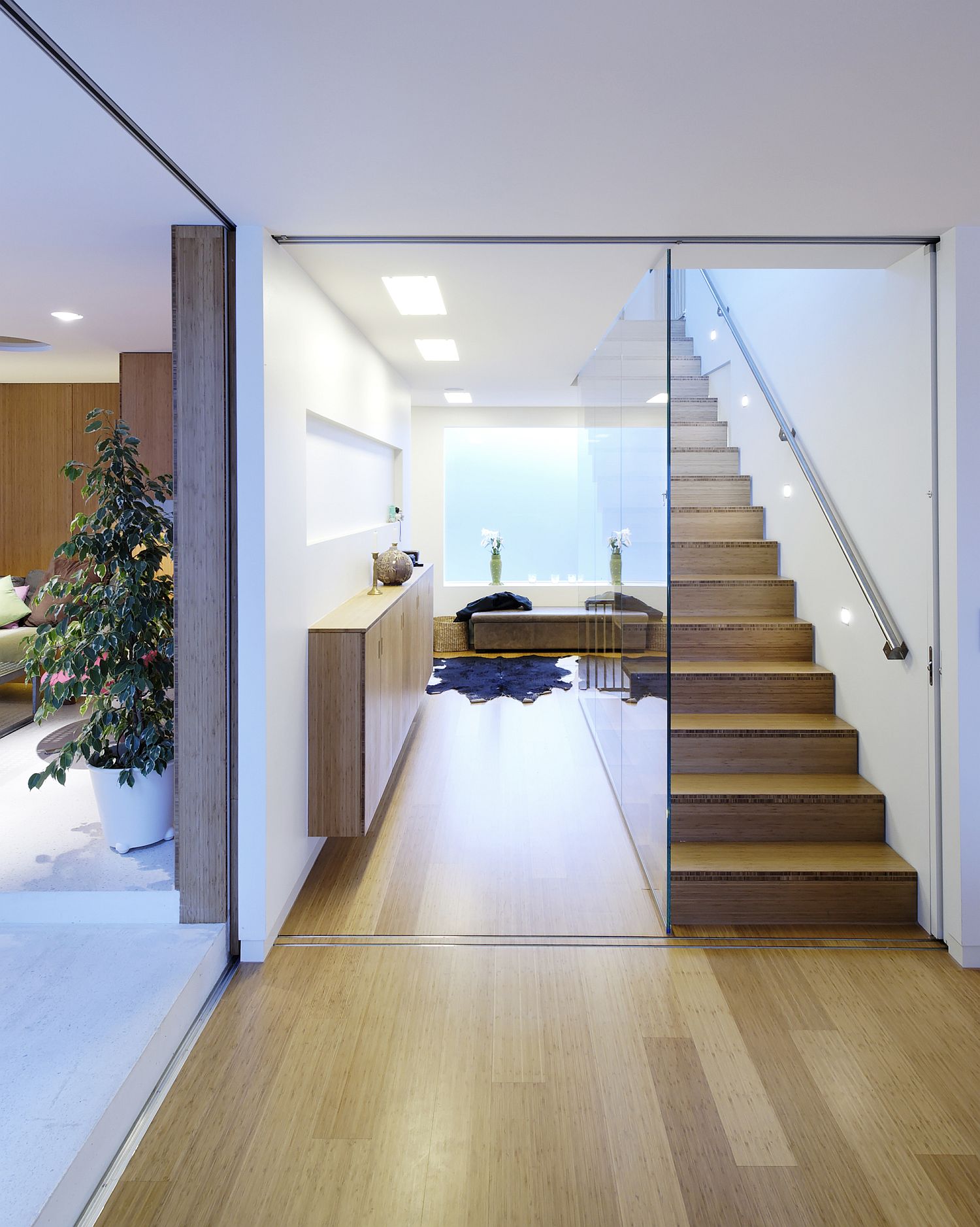 Wooden interior of the house that is lit up beautifully