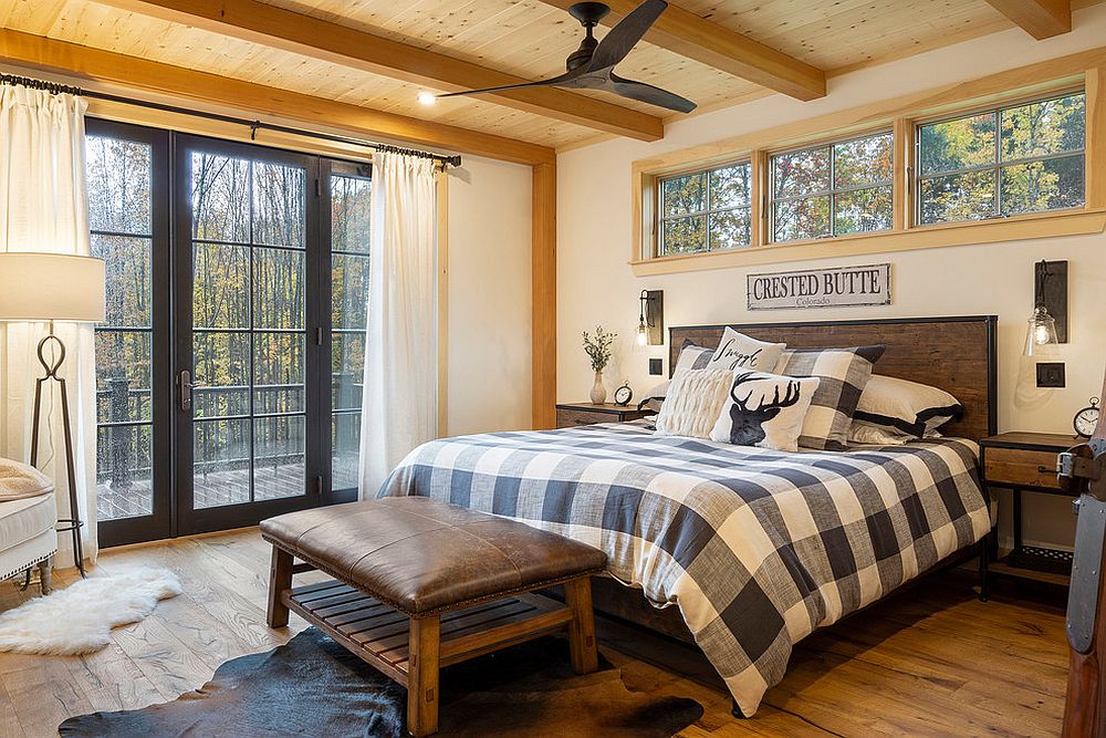 Bedding brings pattern to the bedroom that accentuates its rustic appeal