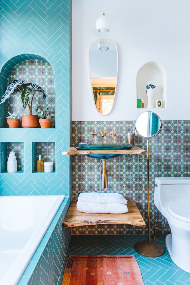 Blue bathroom with patterned tiles