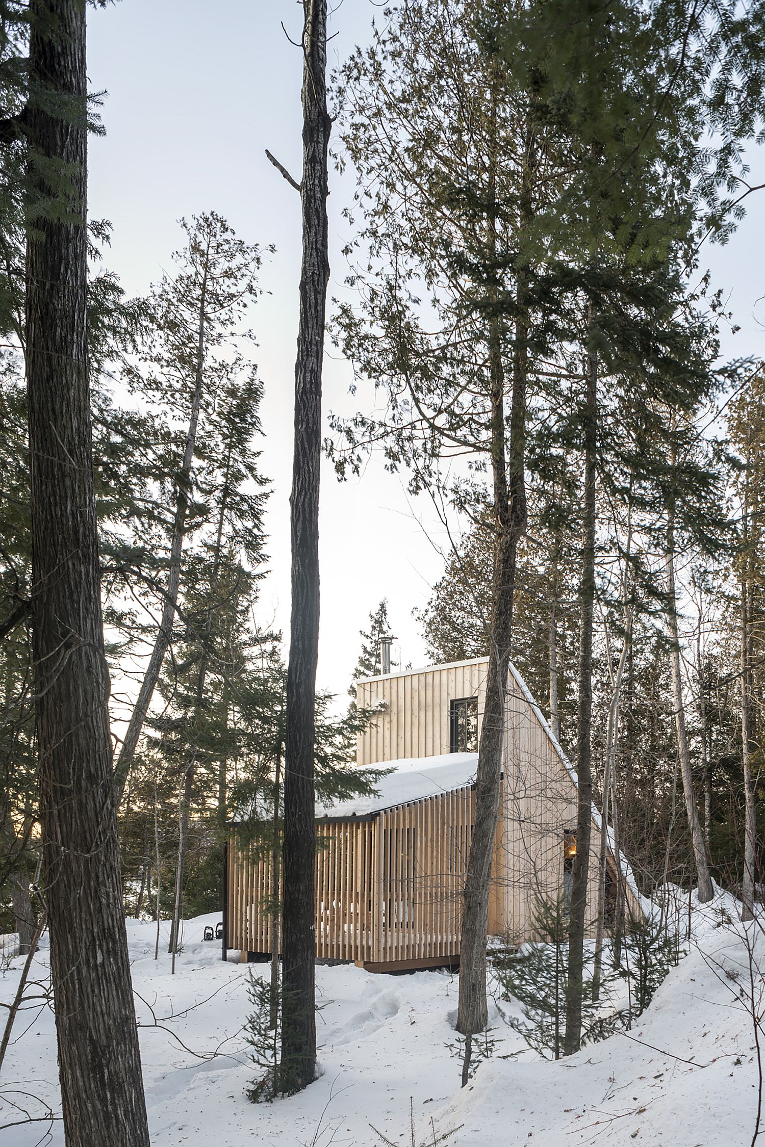 Woodsy Modern Micro-Shelter in Québec with Timeless Triangular