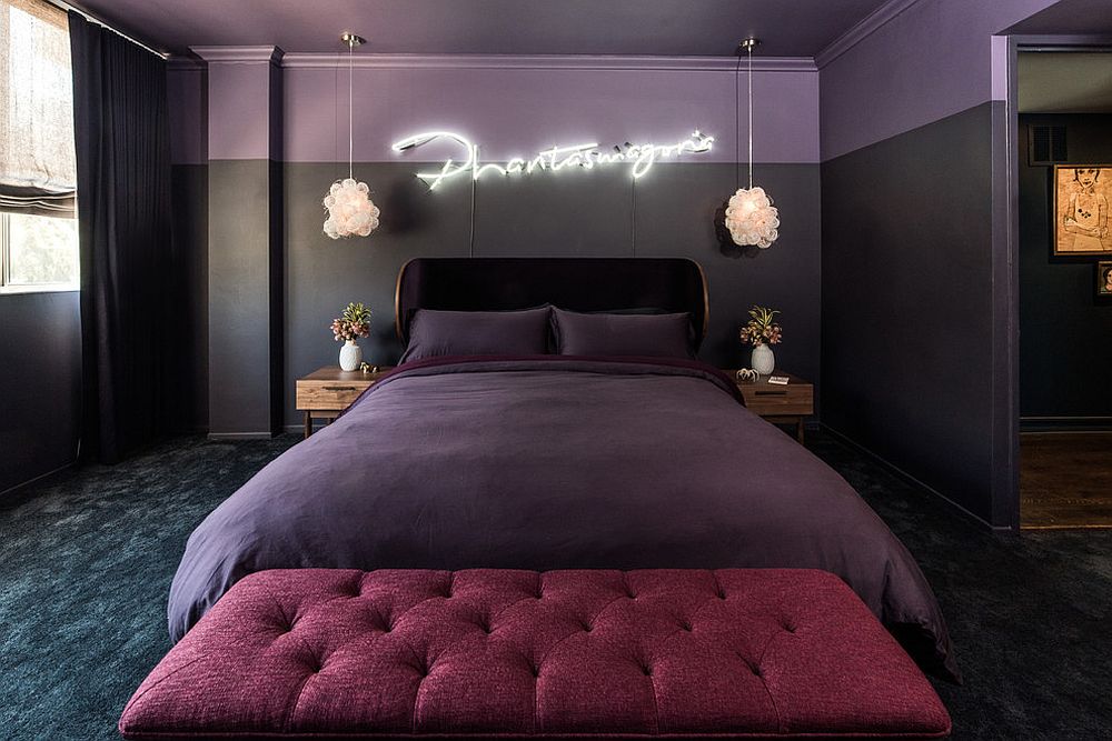 Chic Californian bedroom in shades of purple with brilliant lighting
