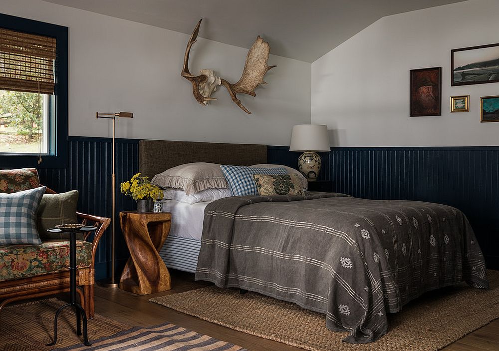 Cozy rustic chic bedroom in white and blue