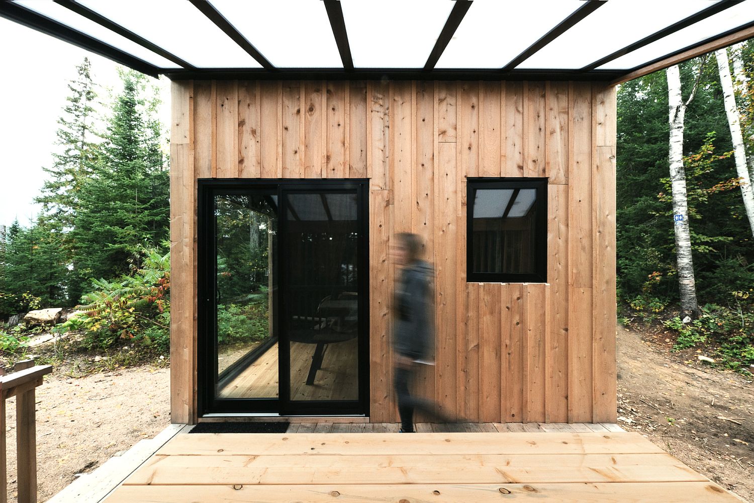 Deck and wooden exterior of the cabin