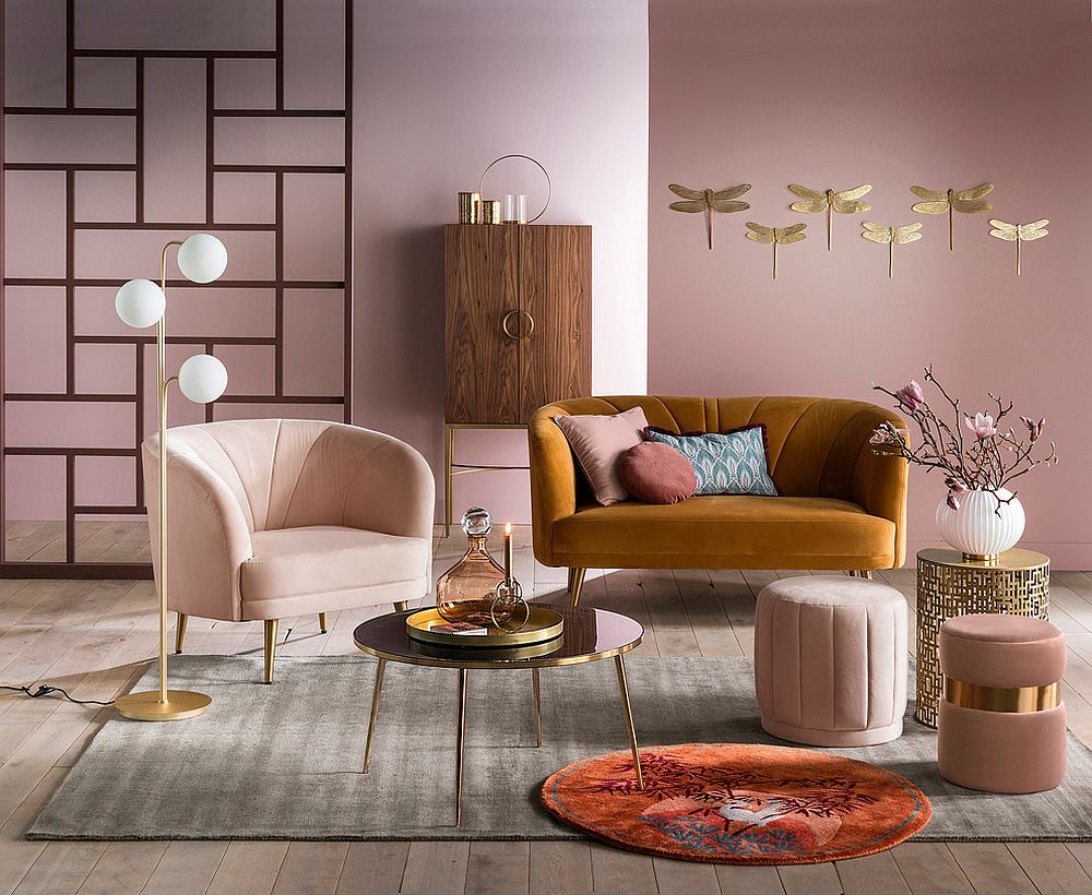 mustard and pink living room