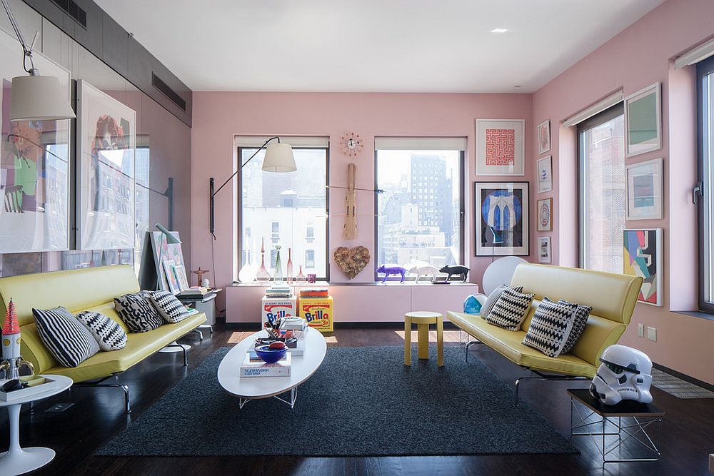 Eclectic living room in pink also embraces yellow accents