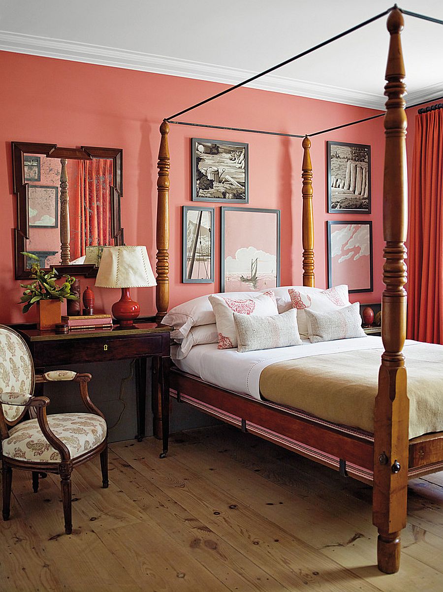 Exquisite Living Coral accent wall for bedroom along with matching drapes