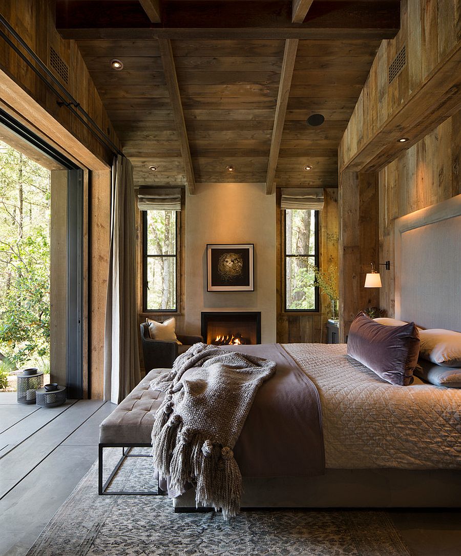 Farmhouse and rustic styles coupled with modern overtones in the bedroom