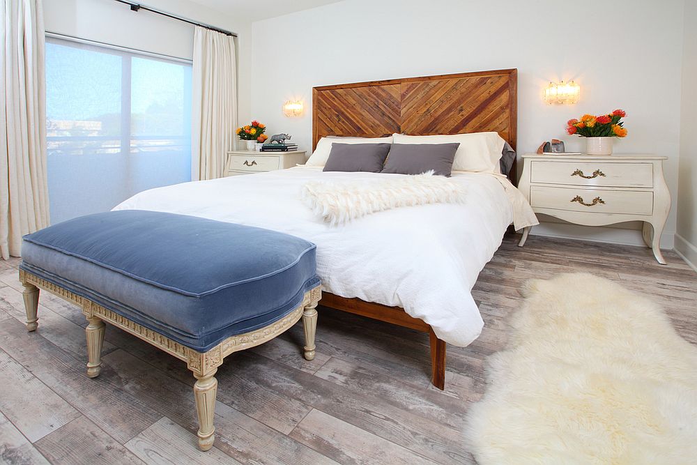 Gorgeous bedroom overlooking the park has sustainable finishes and vintage design elements