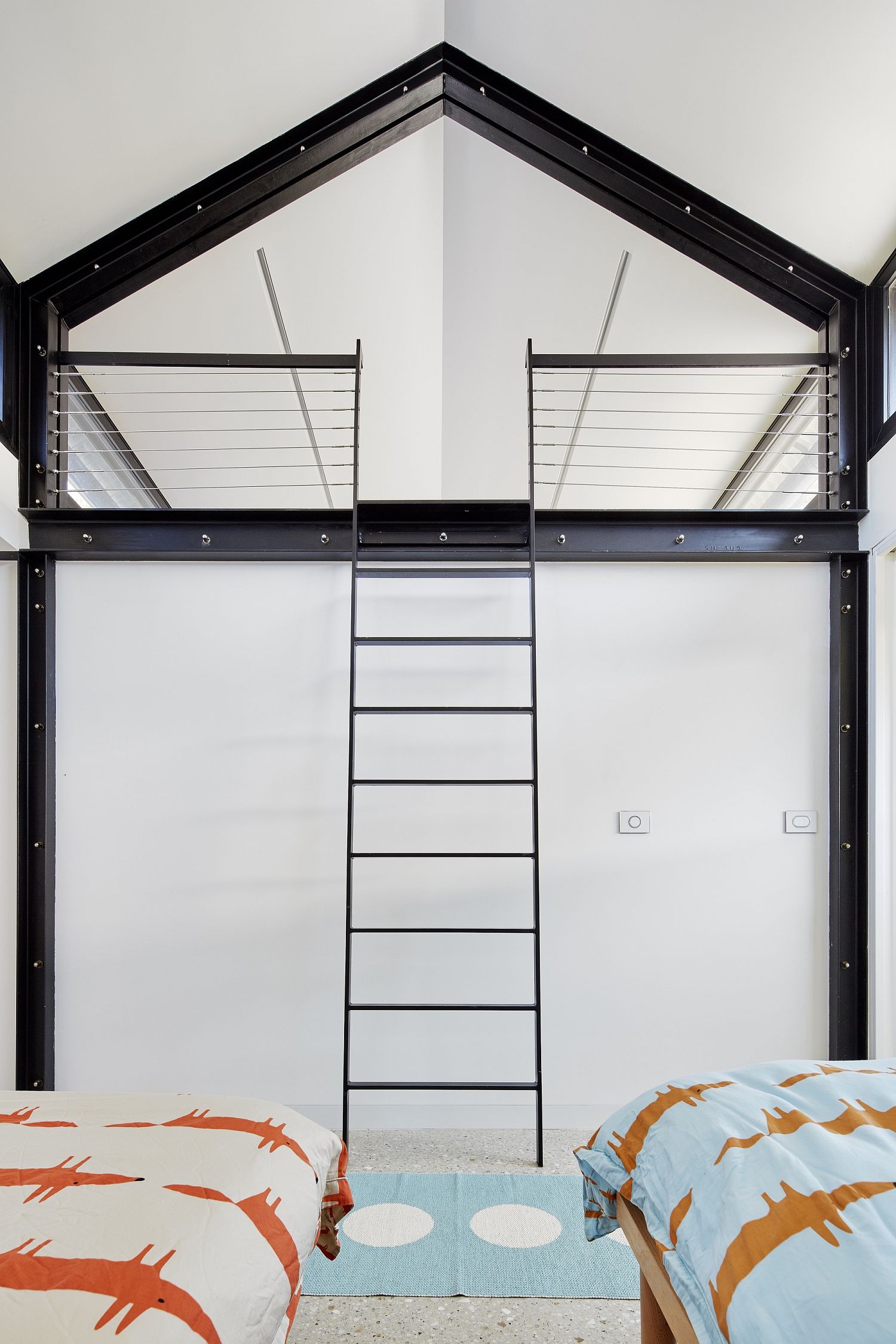 Kids-bedroom-with-attic-space-and-metallic-ceiling-beams