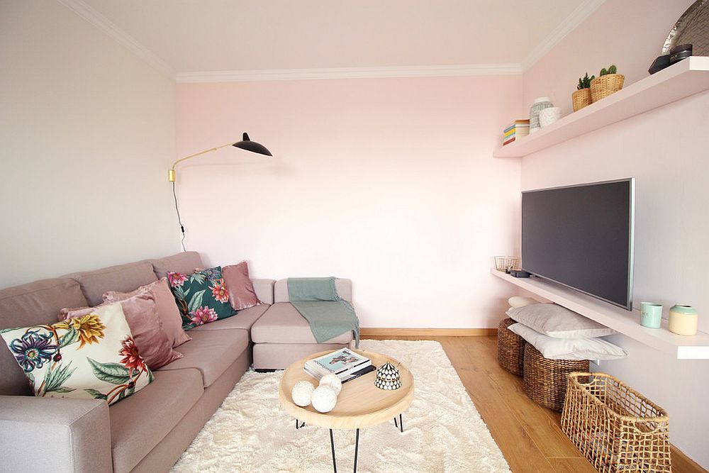 Minimal Scandinavian style living room in pink