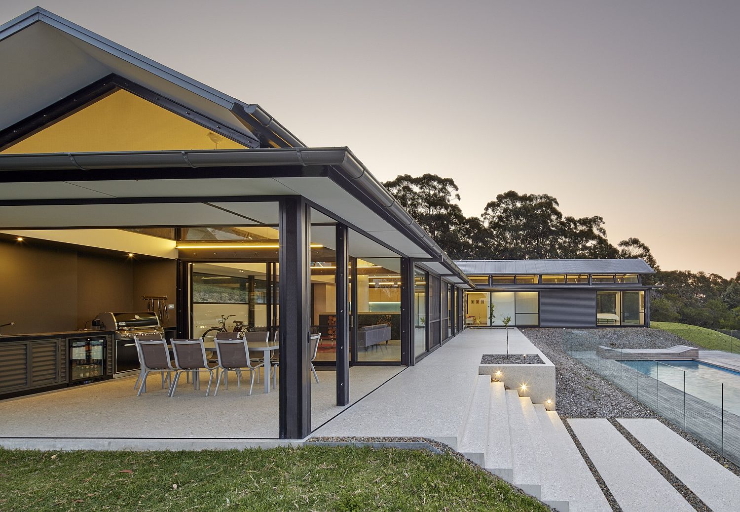 Open pavilions and pool deck of the sustainable Aussie home