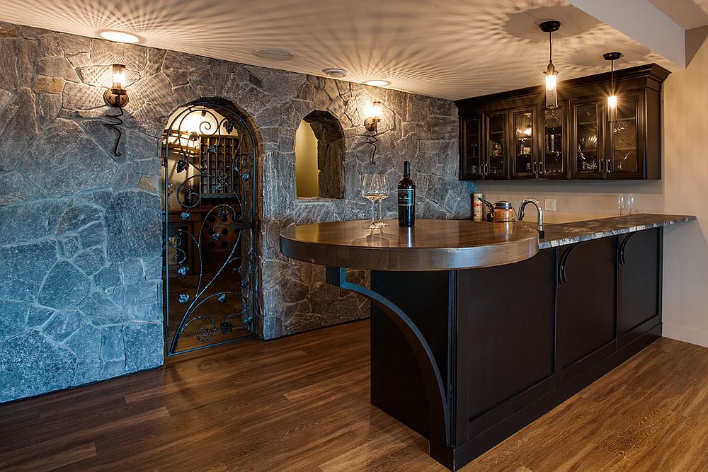 Stone walls and snazzy lighting for the wonderful Mediterranean style home bar