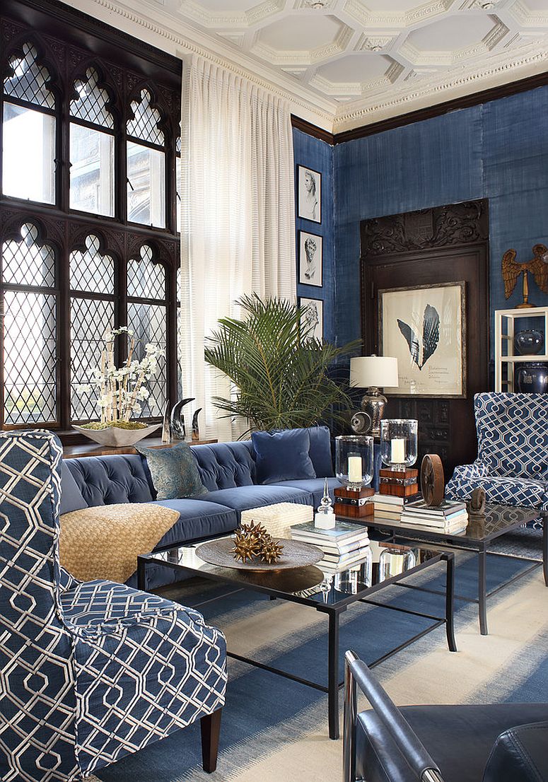 Traditional New York home living room in blue, black and white