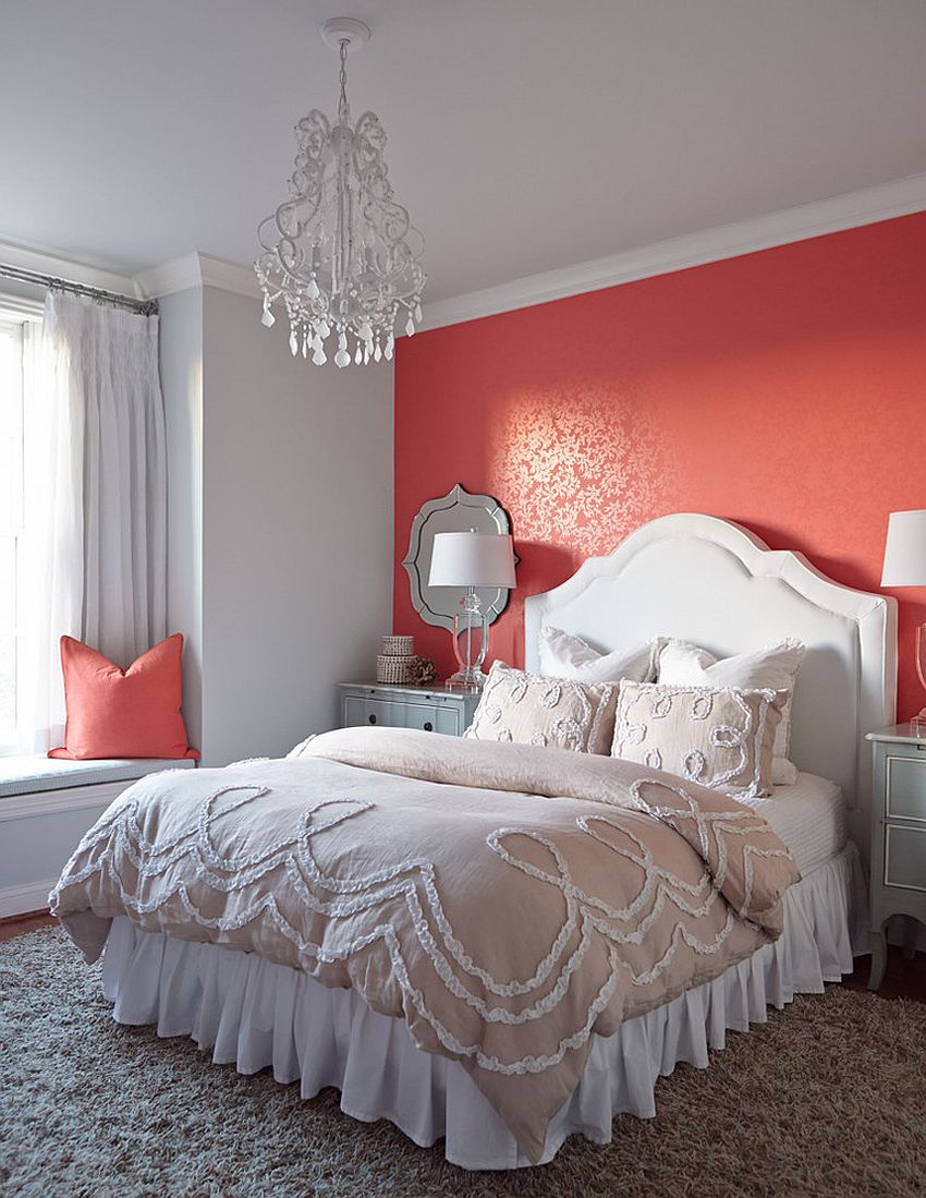 Transitional bedroom with painted wallpaper in coral with a lovely print