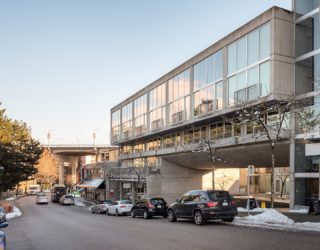 View from the street of the Waterfall Building in Vancouver