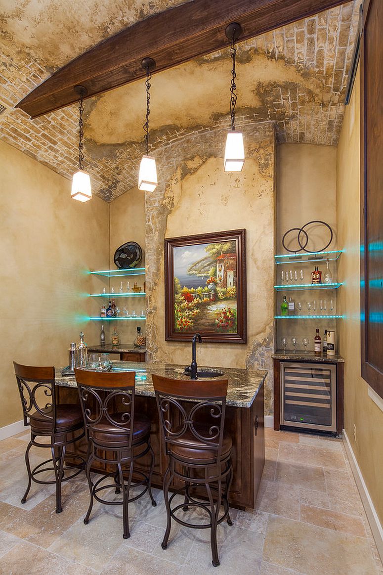 Weathered brick wall roof section and wooden beams give the home bar a unique look